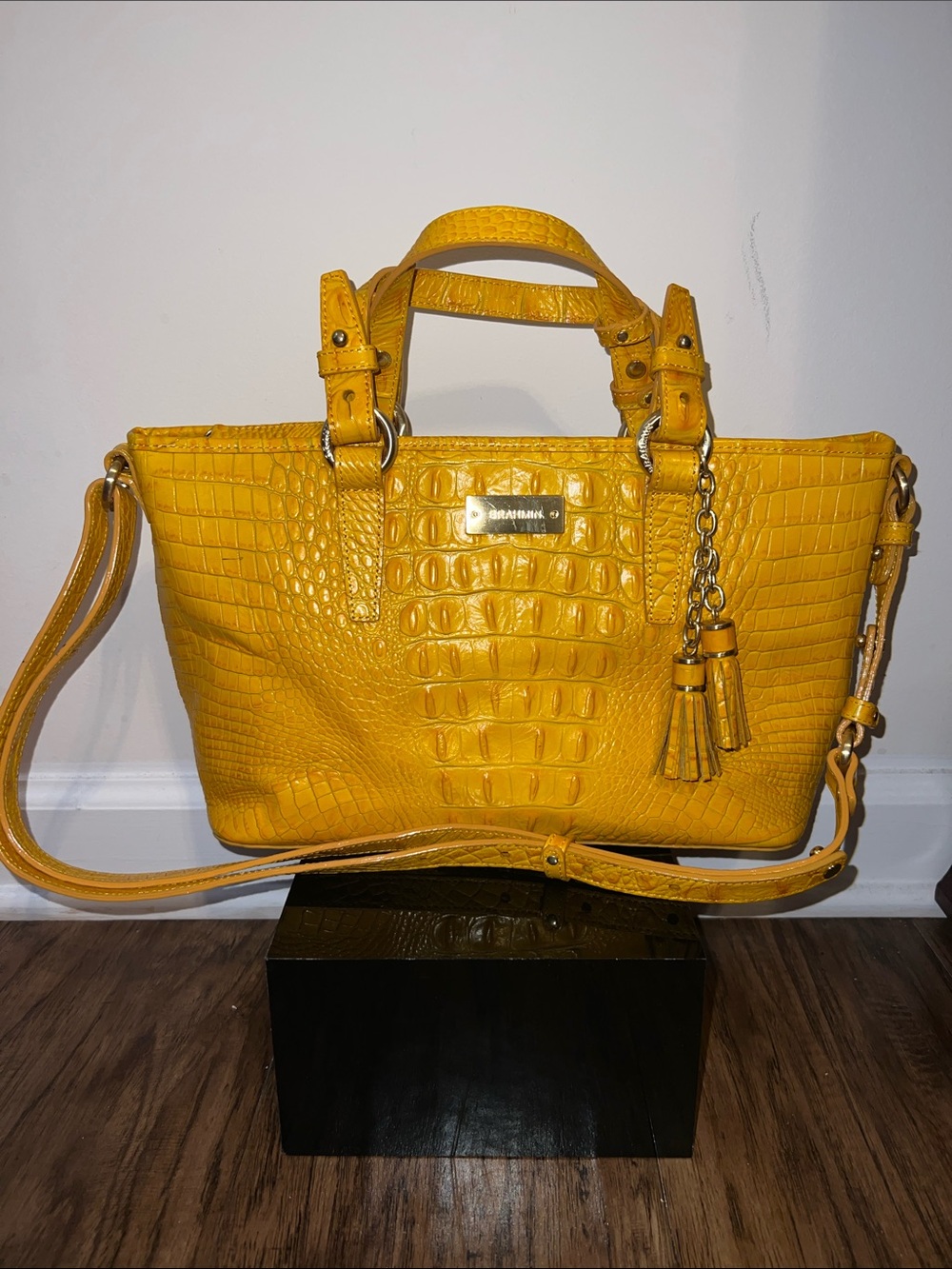Brahmin Mustard Yellow Croc-Embossed Leather Satchel